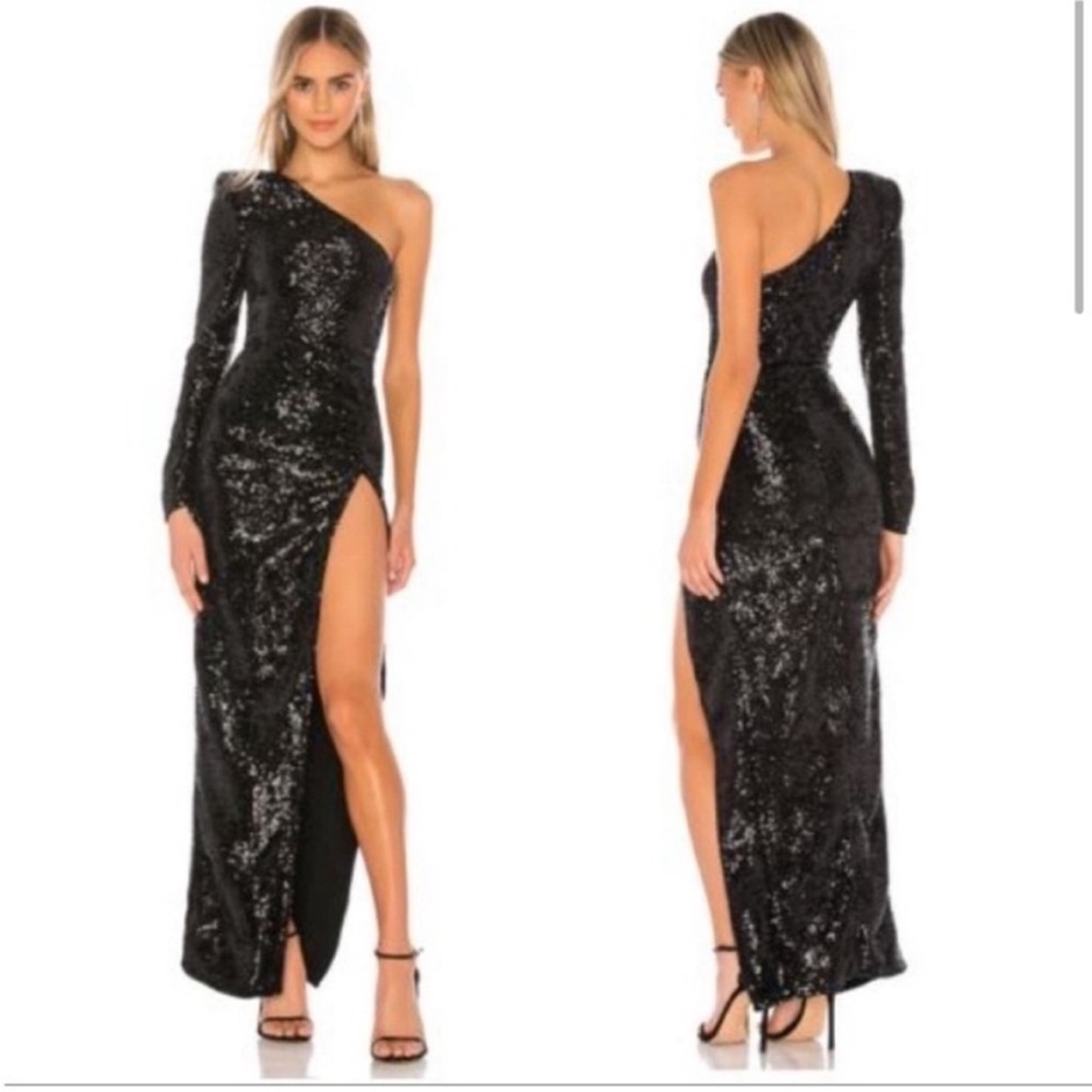 Revolve Michael Costello Terri gown Sequin One Shoulder Side Slit dress black - Picture 3 of 10